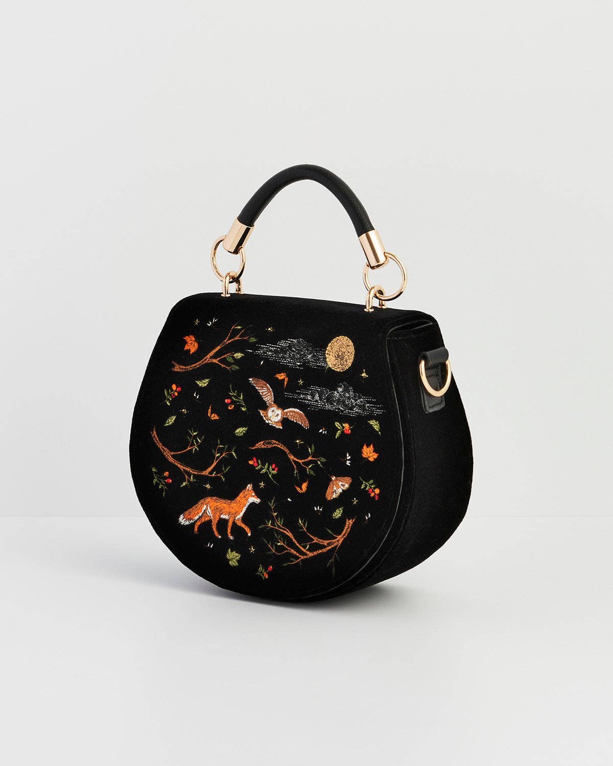 Fox & Owl Embroidered Black Top Handle Saddle Bag