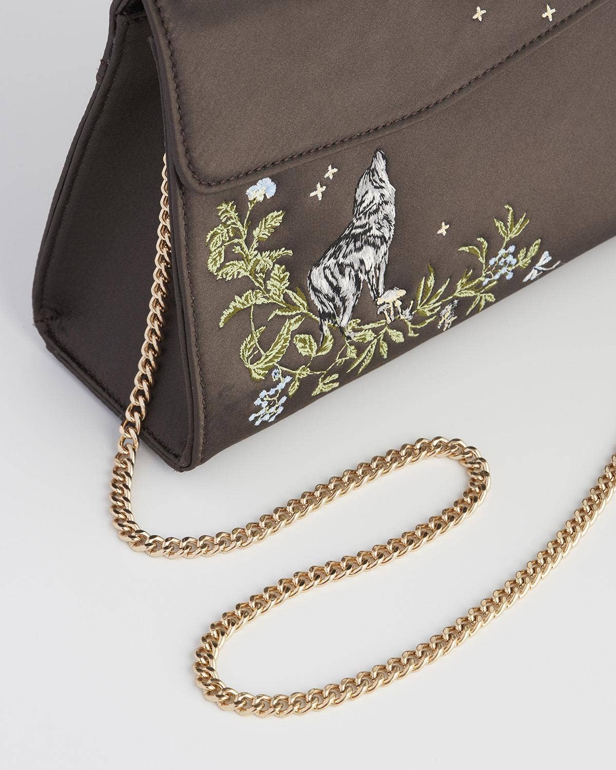 Wolf & Moon Embroidered Charcoal Satin Tote - UK, US & EU