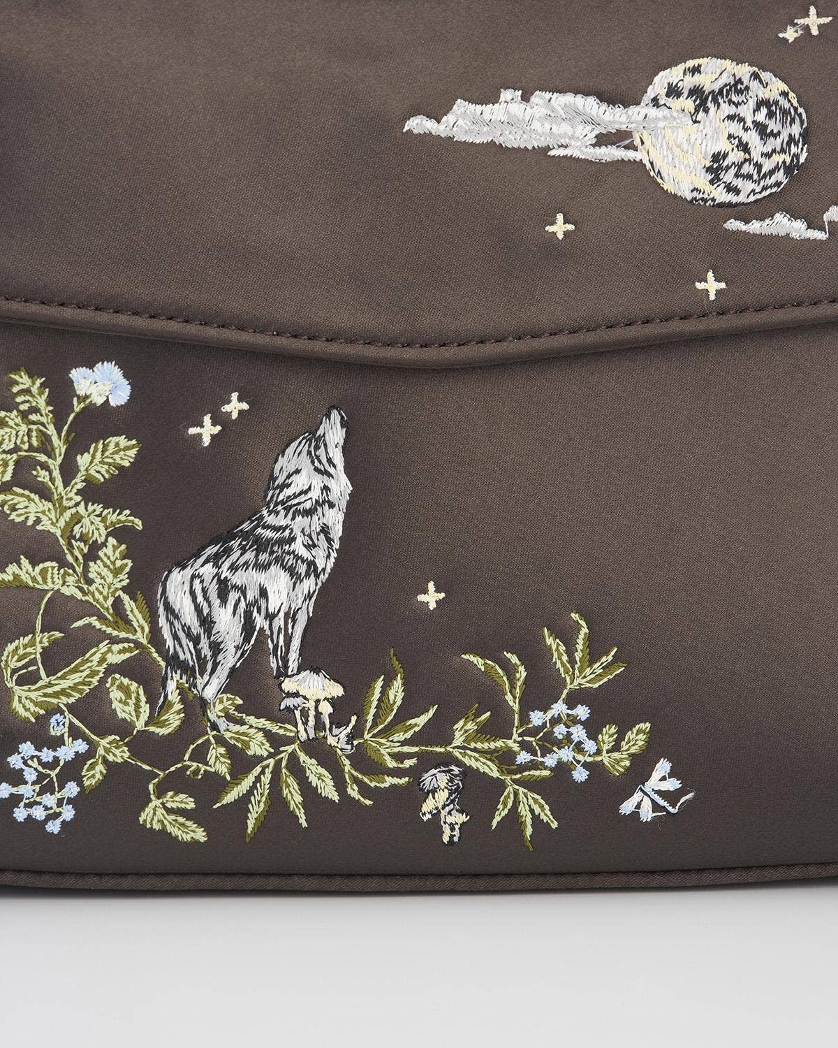 Wolf & Moon Embroidered Charcoal Satin Tote - UK, US & EU