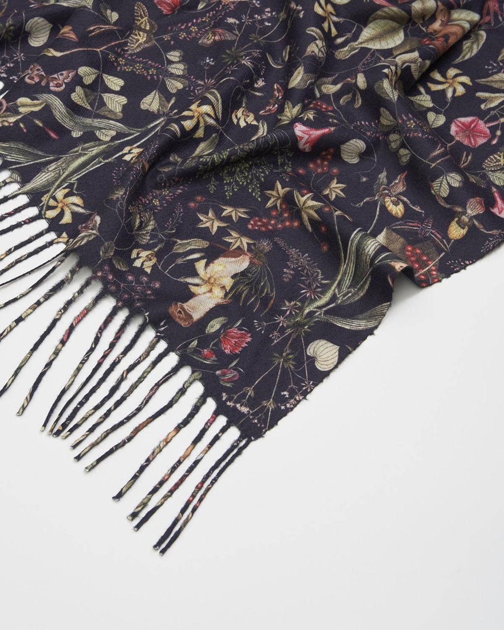 FABLE Wolf Garden Navy Scarf with Tassels - UK, US & EU