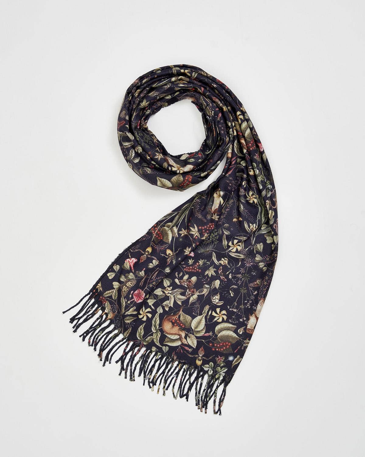 FABLE Wolf Garden Navy Scarf with Tassels - UK, US & EU