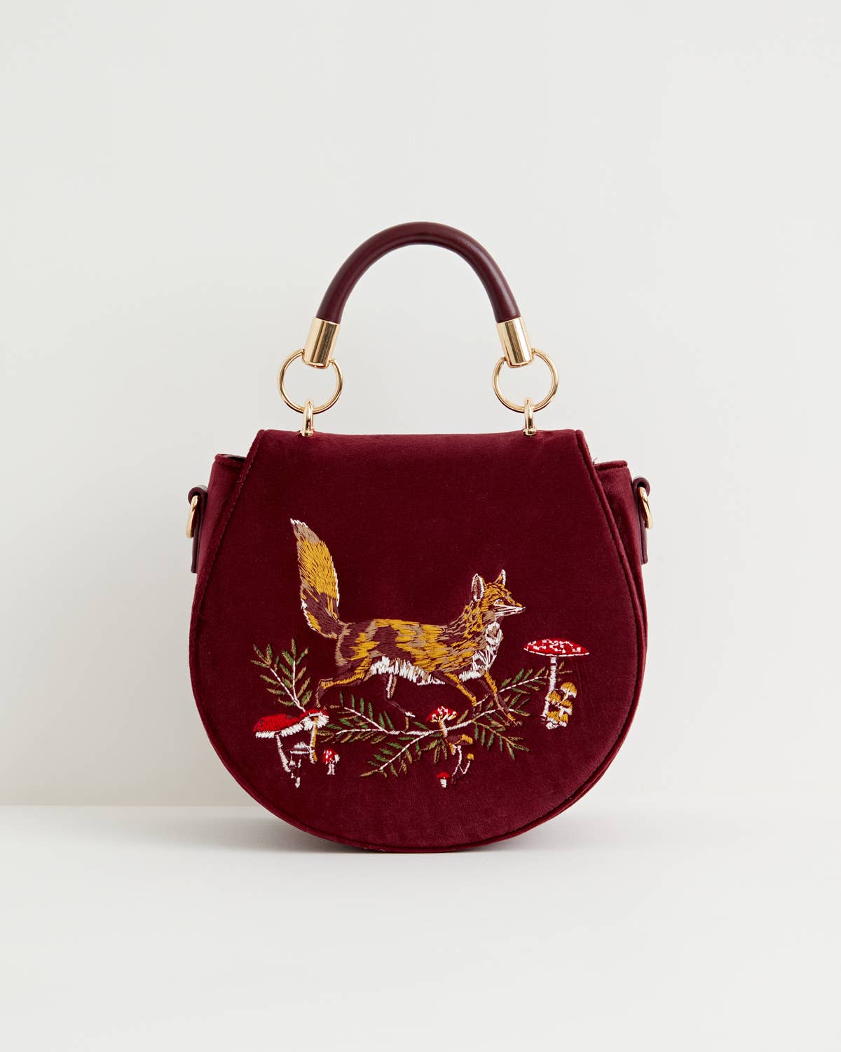 Fox & Mushroom Embroidered Velvet Saddle Purse - UK, US & EU