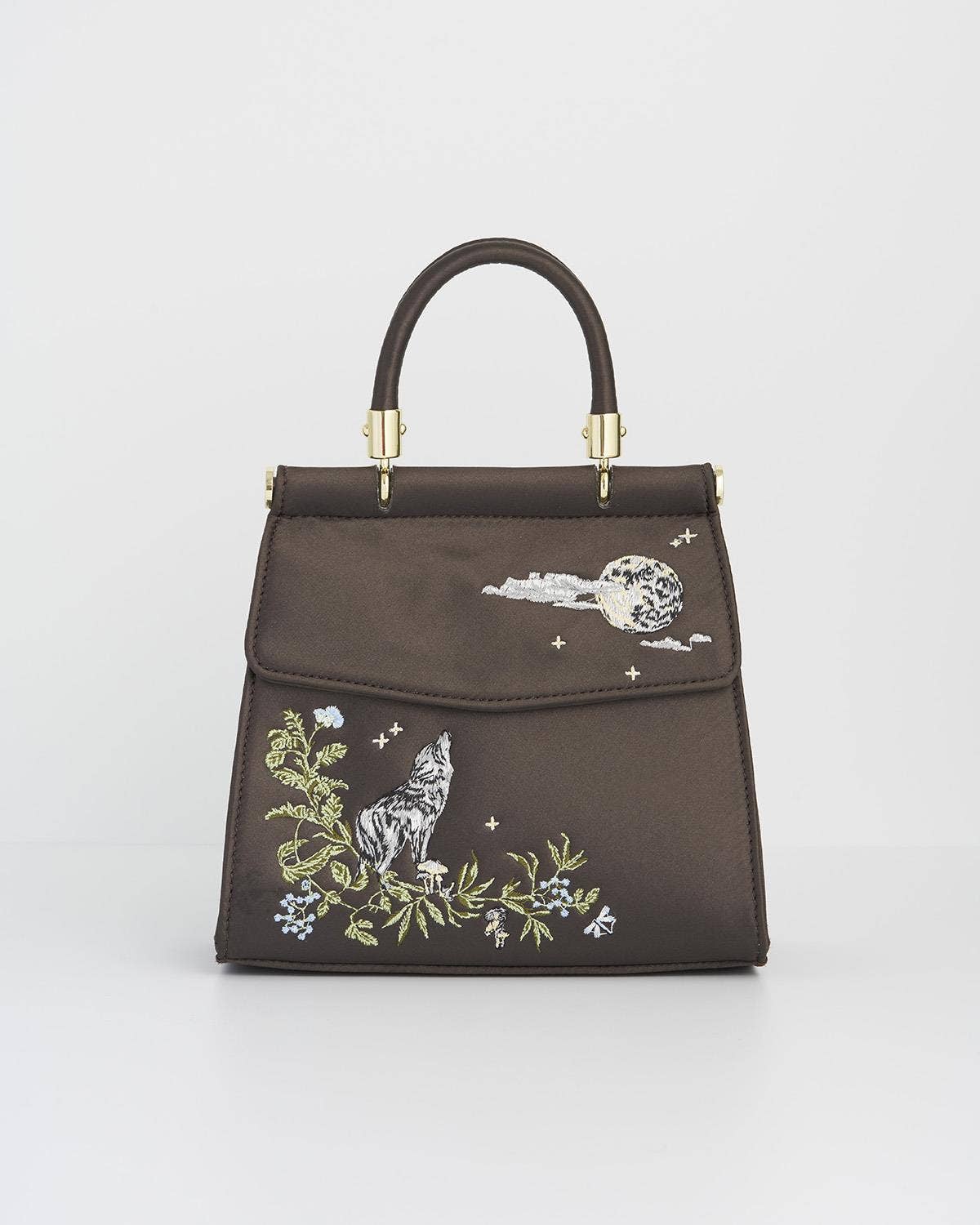 Wolf & Moon Embroidered Charcoal Satin Tote - UK, US & EU