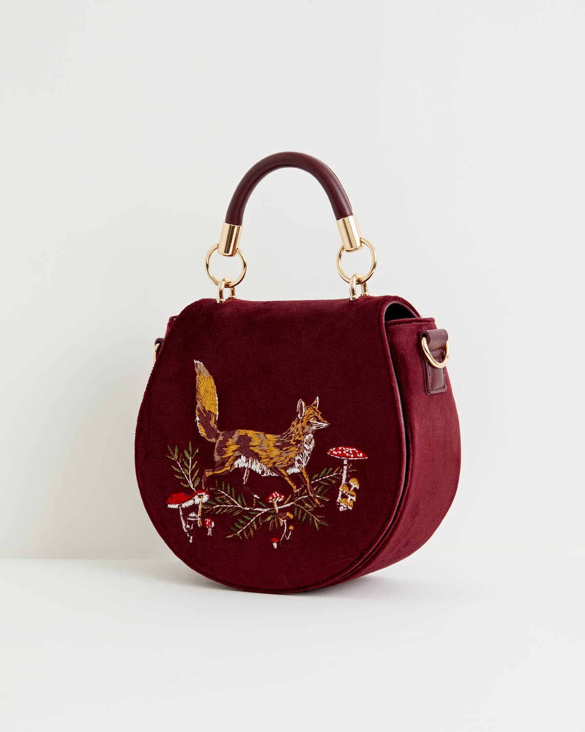 Fox & Mushroom Embroidered Velvet Saddle Purse - UK, US & EU