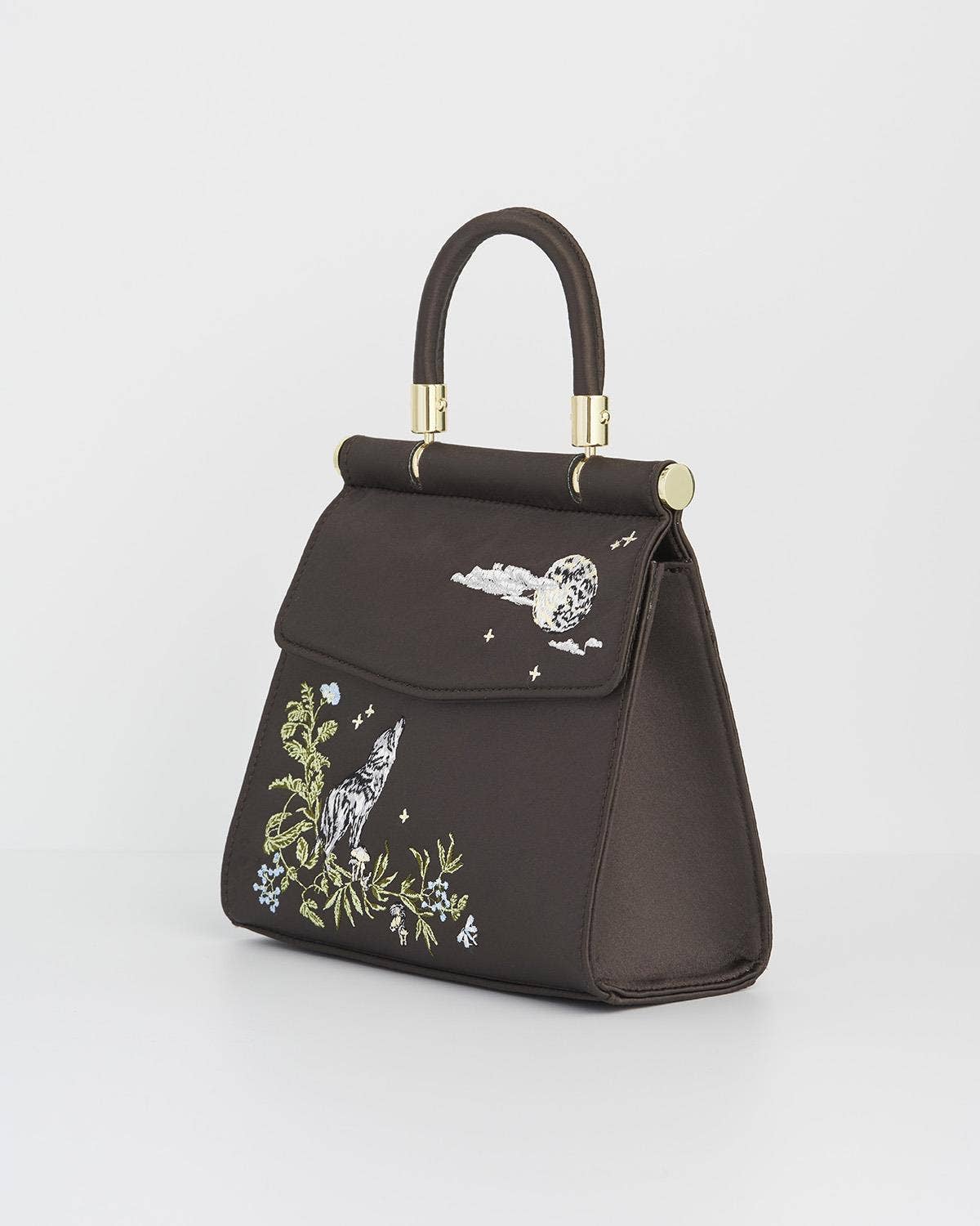 Wolf & Moon Embroidered Charcoal Satin Tote - UK, US & EU