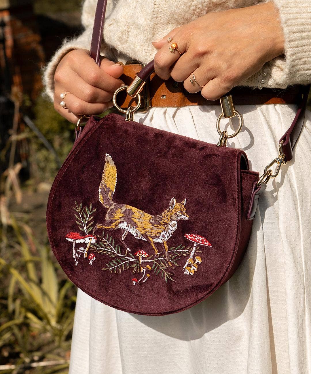 Fox & Mushroom Embroidered Velvet Saddle Purse - UK, US & EU