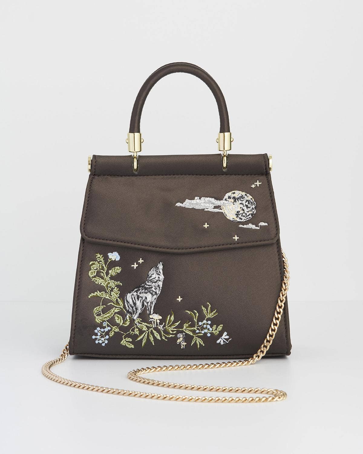 Wolf & Moon Embroidered Charcoal Satin Tote - UK, US & EU