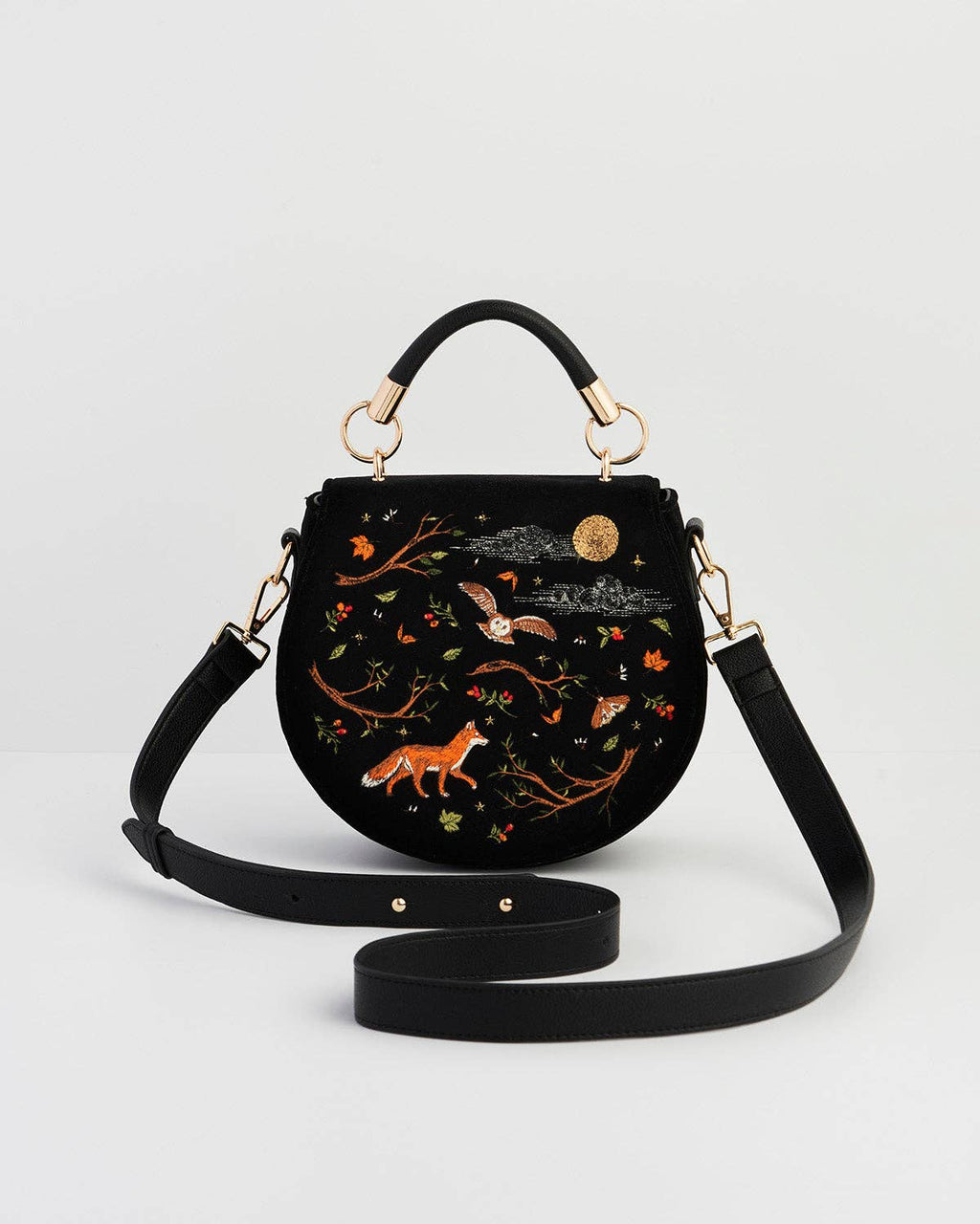 Fox & Owl Embroidered Black Top Handle Saddle Bag