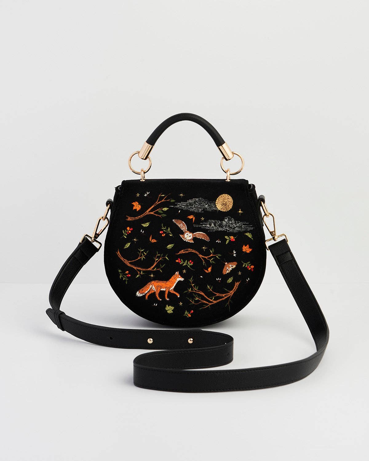 Fox & Owl Embroidered Black Top Handle Saddle Bag