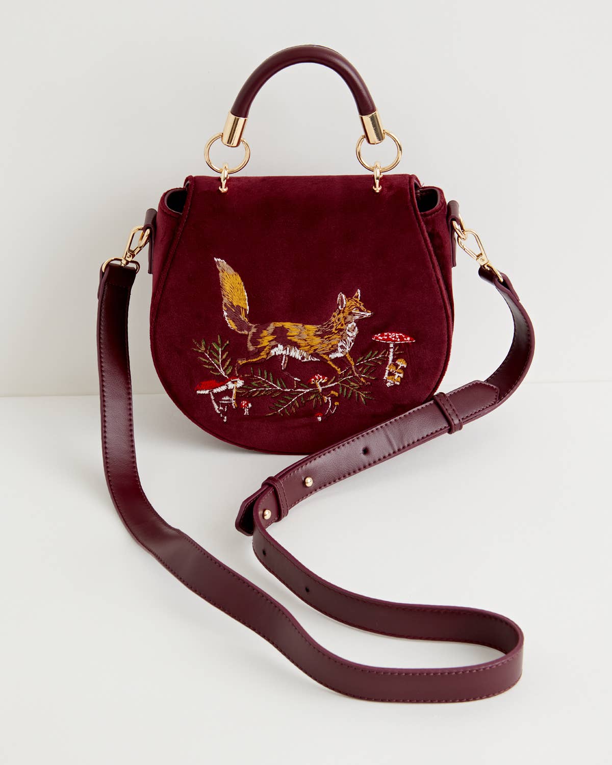 Fox & Mushroom Embroidered Velvet Saddle Purse - UK, US & EU