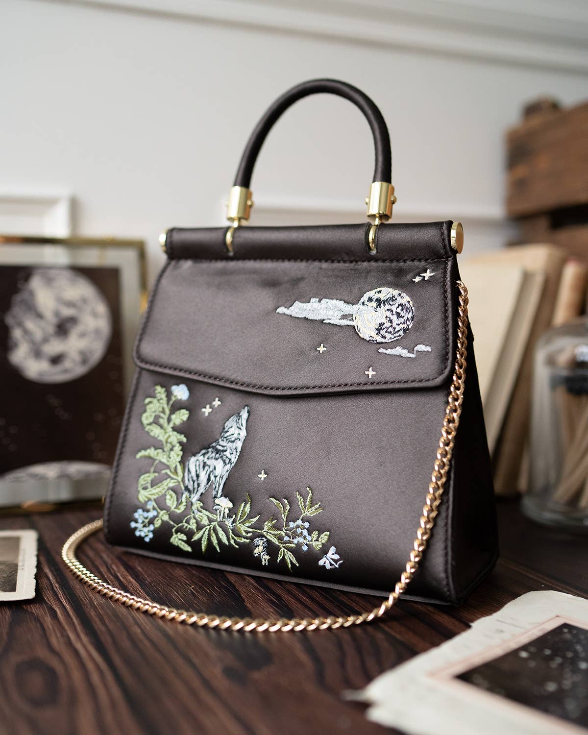Wolf & Moon Embroidered Charcoal Satin Tote - UK, US & EU