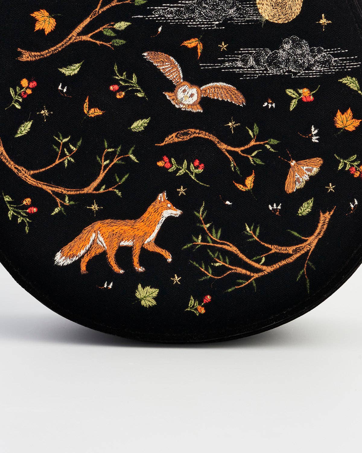 Fox & Owl Embroidered Black Top Handle Saddle Bag